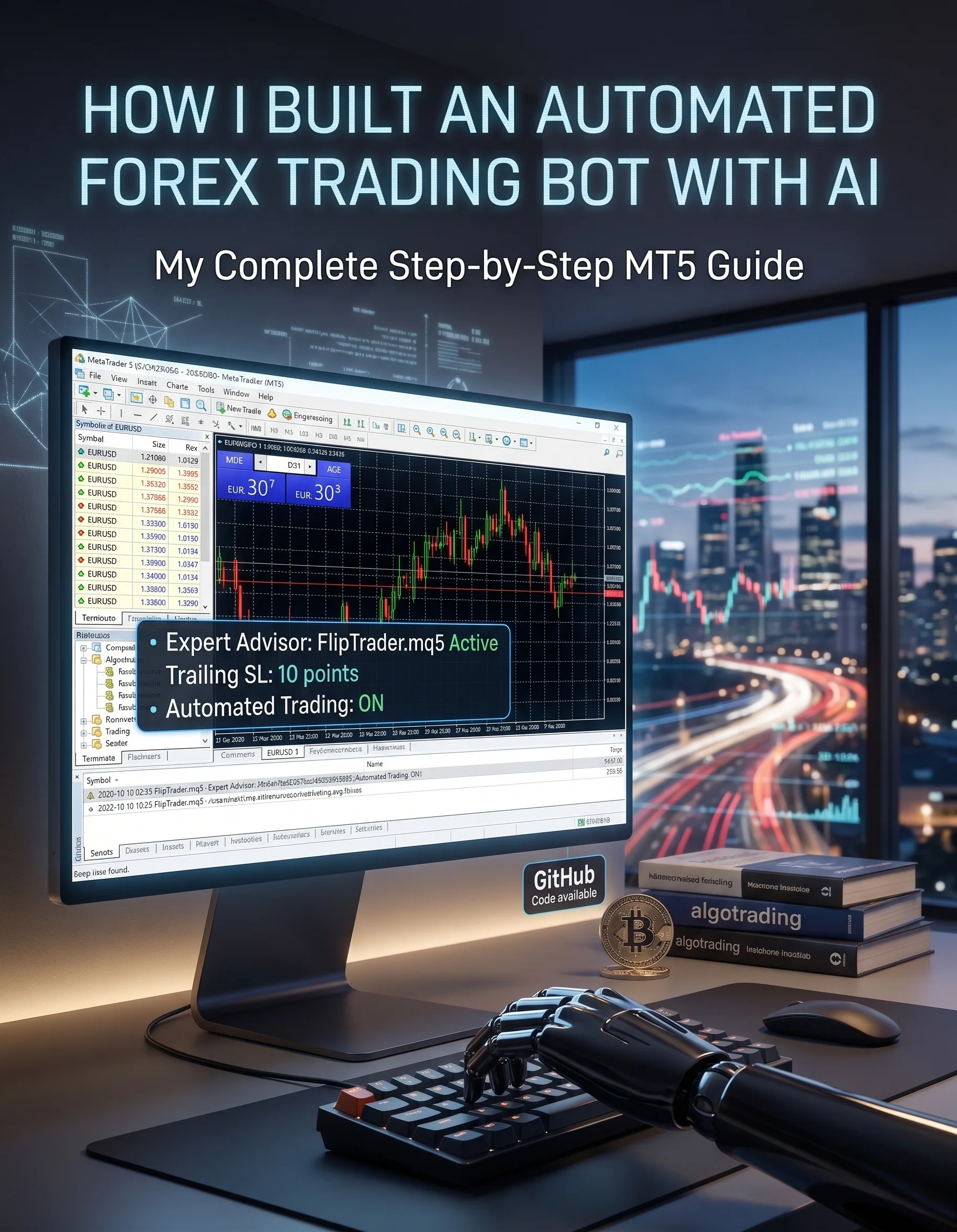 How to build an automated forex trading bot with AI in MetaTrader 5 MQL5. Covers flip-flop logic, trailing stops, broker safeguards, and GitHub source.