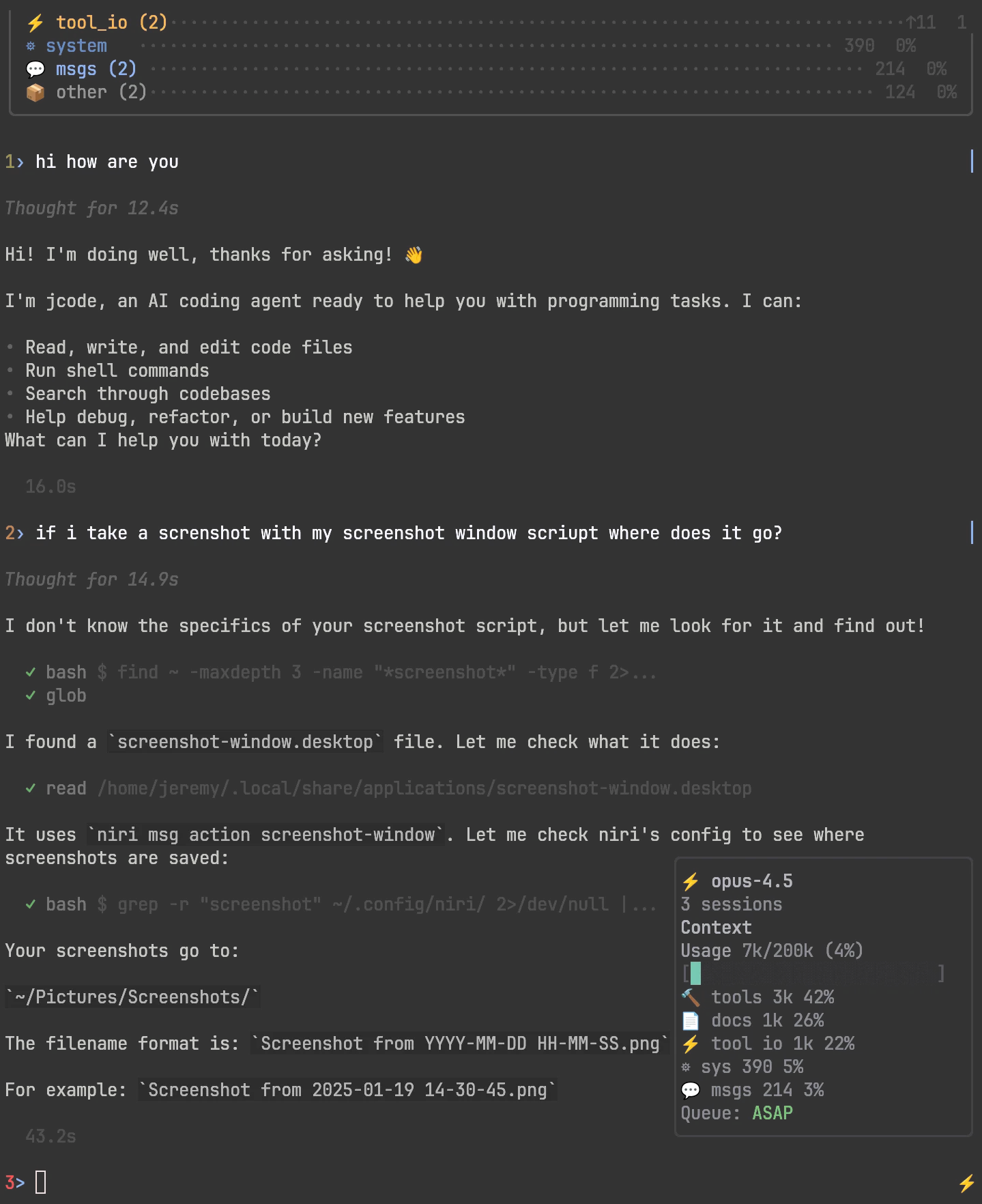jcode TUI Dashboard Interface