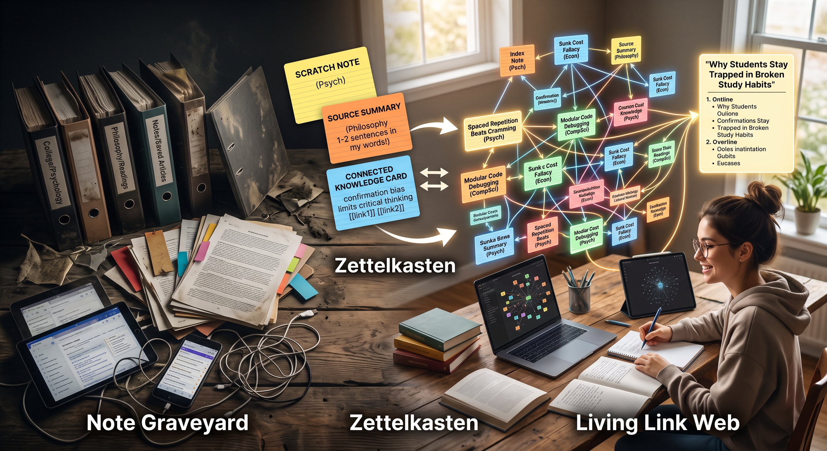 Master the simplified Zettelkasten system. Turn messy lecture notes into self-organizing knowledge cards using a 10-minute daily routine in Obsidian or Notion.